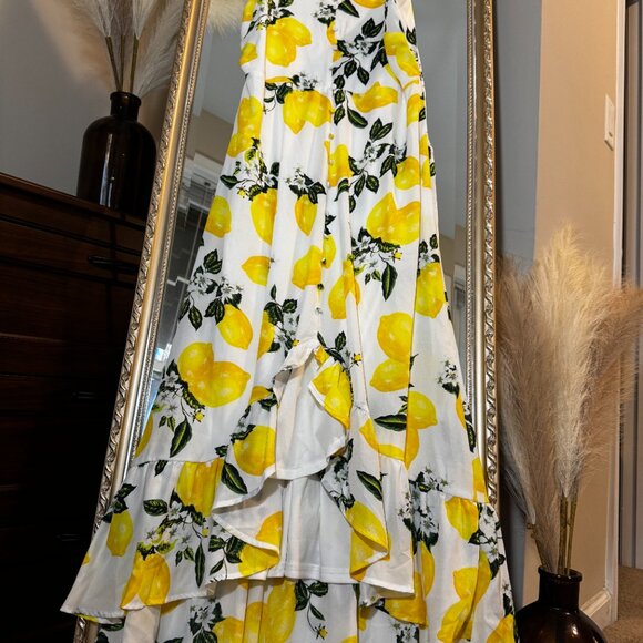Lulus Air Yellow Lemon & Floral Print High-Low Midi Dress – Size [L] - Picture 2 of 12